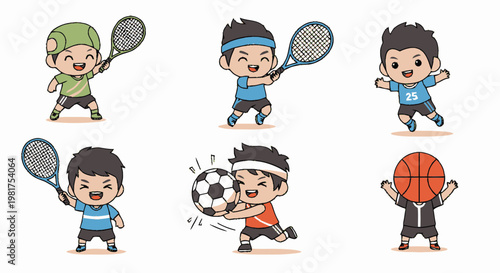 Cartoon Characters Playing Various Sports with Joyful Expressions.