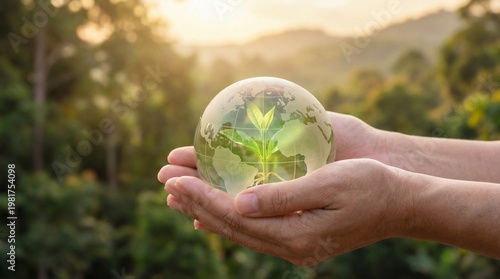 Hands holding transparent globe with green leafy plant inside on natural background