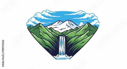 Majestic snow-capped mountains overlook a cascading waterfall amidst lush green hills