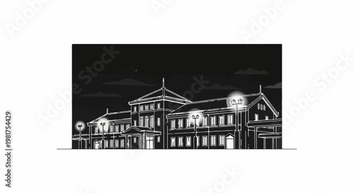 Illuminated building facade with ornate details under a cloudy night sky