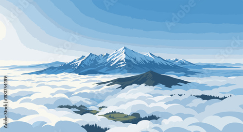 Majestic snow-capped mountains rise above a sea of clouds, with valleys and forests below
