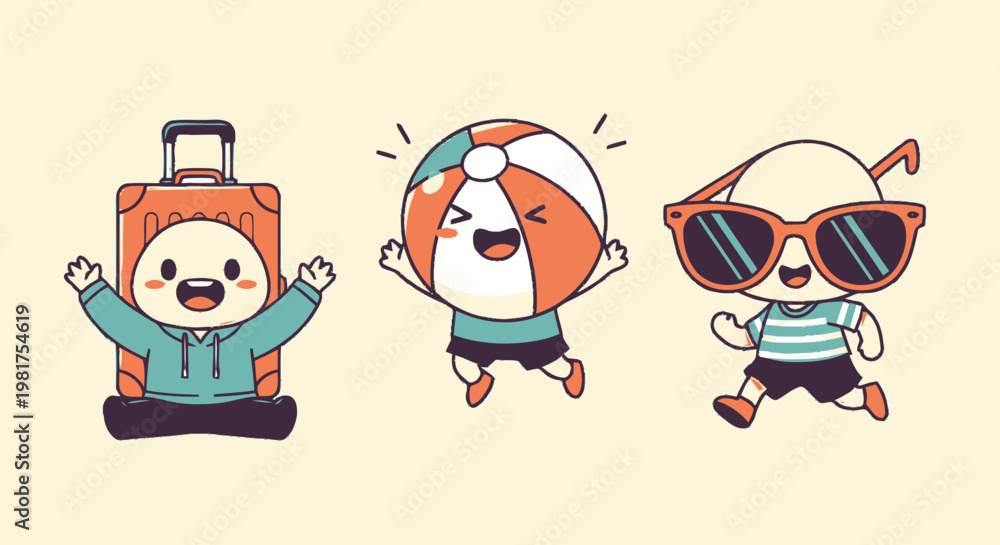 Fototapeta premium Cheerful cartoon characters ready for summer vacation adventures with luggage and beach ball.