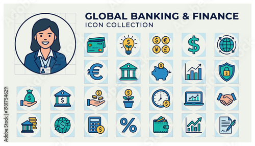 Global banking and finance icon collection.