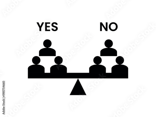 Illustration design of People with different opinions on the scales. Advantages and disadvantages. Political democratic elections. Divide into opposing factions. Public question. Exit poll.