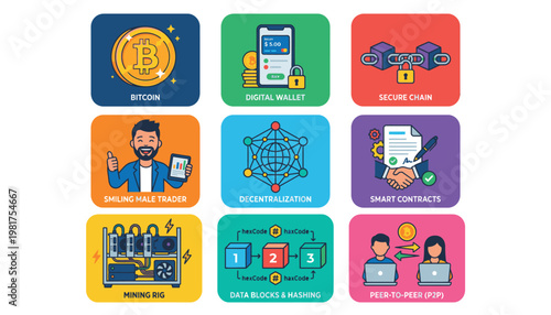 Cryptocurrency and blockchain technology icons.