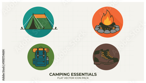 Camping icons with tent, campfire, backpack.
