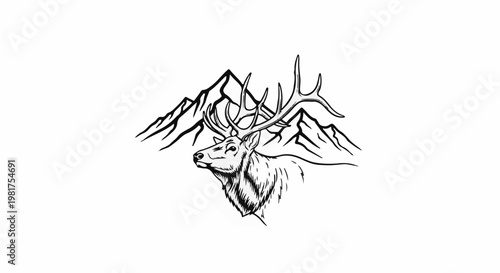 Majestic stag with impressive antlers stands against a backdrop of jagged peaks