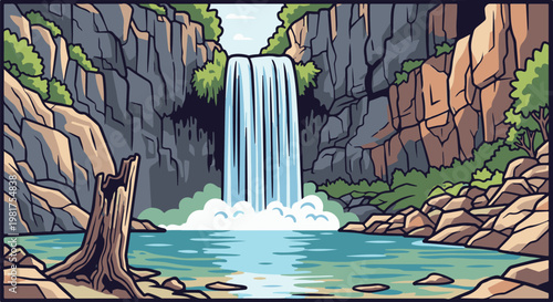 Majestic waterfall cascades into a serene pool surrounded by rocky cliffs and lush greenery