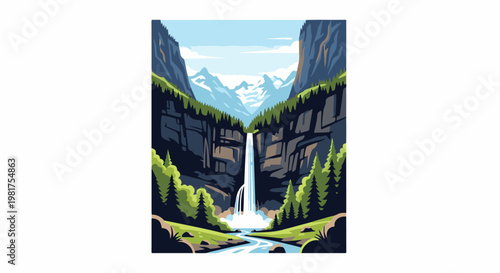 Majestic waterfall cascading down rocky cliffs surrounded by evergreen trees