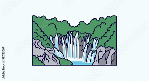 Lush green trees frame a majestic multi-tiered waterfall cascading over gray rocks