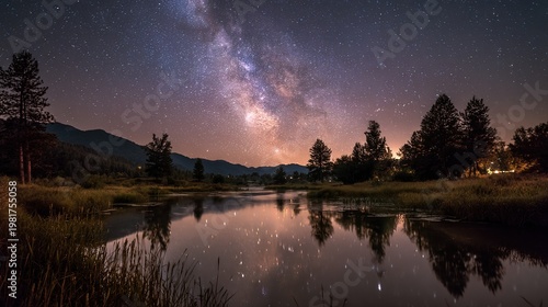 Serene Natural Scene with Shimmering Water and Milky Way

