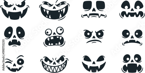 Spooky and Silly Monster and Ghost Face Icon Set Halloween Vector Illustration

