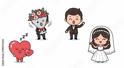 Cute cartoon bride character wearing white wedding dress and veil.
