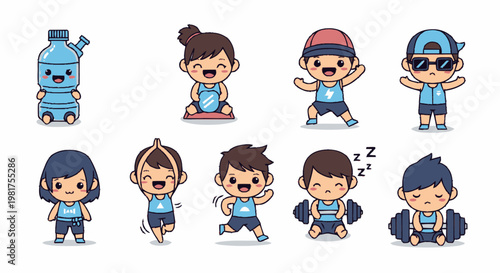 Cute Cartoon Children Characters Set Various Poses.
