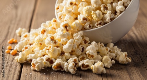 Delicious Popcorn Overflowing from a White Bowl.