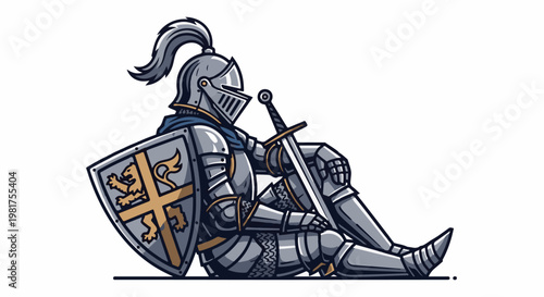 Knight in full armor rests with sword and shield, a lion emblem visible
