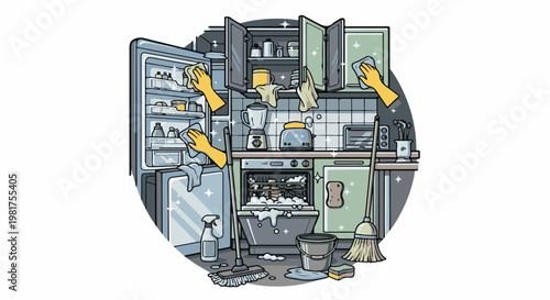 Kitchen cleaning in progress with sparkling surfaces and tools