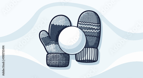 Knitted mittens and a snowball against a light blue wavy background