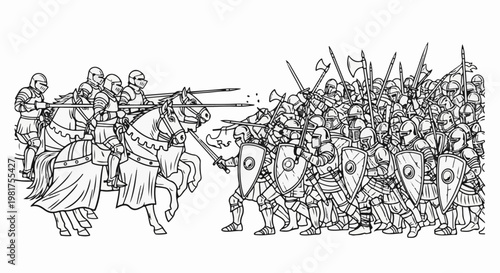 Knights clash in medieval battle, horses charge against armored infantry