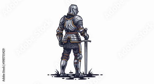 Knight in full metal armor stands with sword in hand