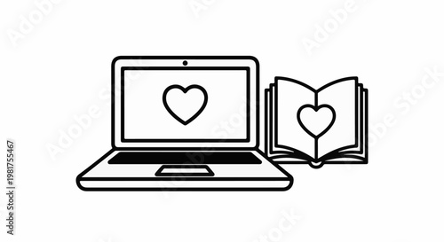 Laptop displaying a heart next to an open book with a heart