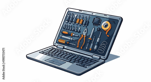 Laptop screen displays tool kit for device repair and maintenance