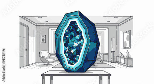 Large blue geode displayed on a table in a modern minimalist living room