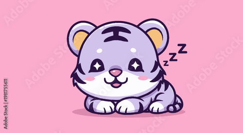 Adorable cartoon tiger cub sleeping peacefully on pink background.