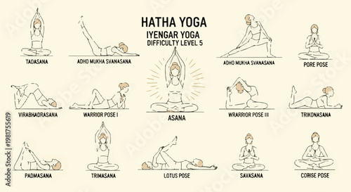 Illustrated guide to various Hatha Yoga poses with Sanskrit names labeled