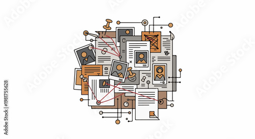 Illustrated investigation board with connected documents and profile photos