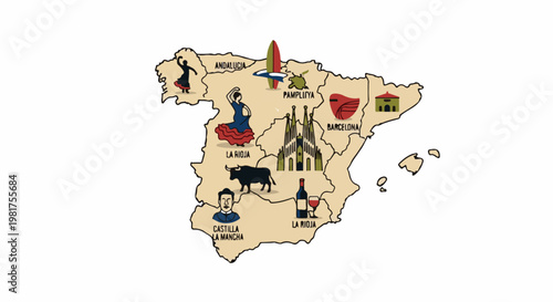 Illustrated map of Spain highlighting regions and icons representing culture