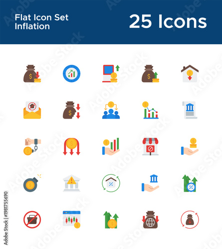 Inflation, hyperinflation, and stagflation flat icons for finance dashboard UI. Economic policy illustrations