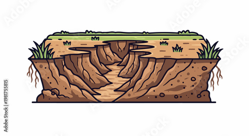 Illustration of a cross-section revealing a deep, eroded canyon with layered soil and grass