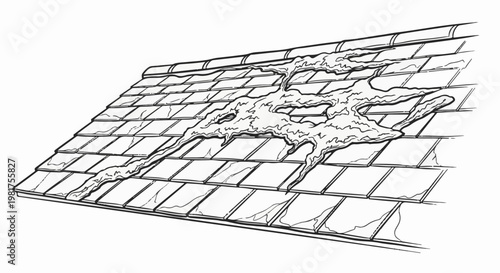 Illustration of a damaged roof with ice dams forming on shingles