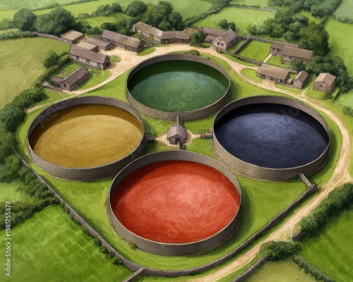 Aerial view of an ancient village featuring four circular, colored structures surrounded by houses and greenery.