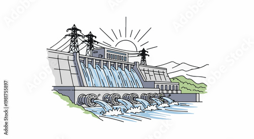 Illustration of a hydroelectric dam with water flowing from spillways and turbines