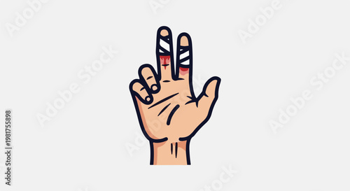 Illustration of a hand with two injured fingers, bandaged and bleeding