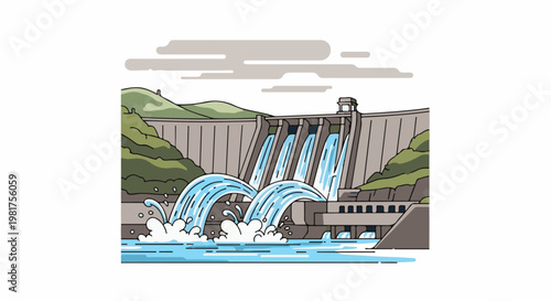 Hydroelectric dam releases powerful water cascades into a calm blue reservoir