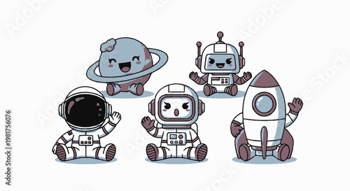 Adorable Cartoon Space Explorers and Celestial Objects in Playful Arrangement.