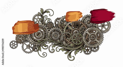 Intricate steampunk mechanical gears and ornate foliage with abstract brush strokes