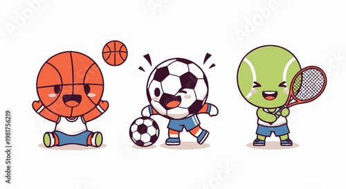 Adorable Cartoon Sports Balls with Happy Faces and Cheerful Expressions.