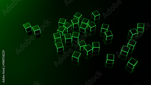 green led light 3d cube on black, abstract design 