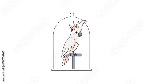 Minimal Cockatoo Parrot in Cage Vector Clean Exotic Bird Illustration