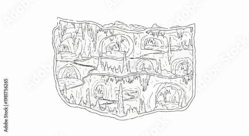 Intricate underground cave system with winding paths and formations
