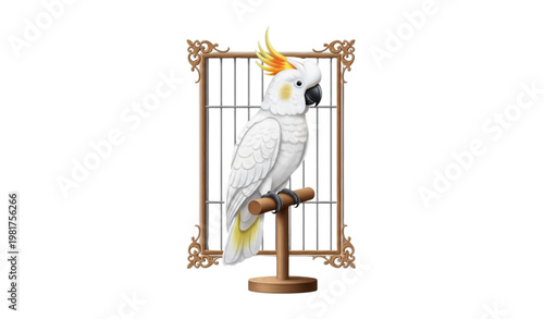 Realistic Cockatoo Parrot in Cage Vector Illustration Exotic Tropical Bird