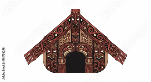 Intricately carved traditional Maori meeting house with ancestral faces