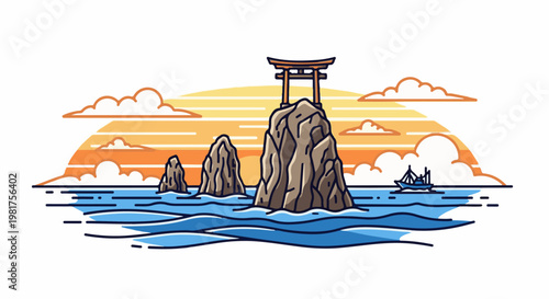 Island shrine with torii gate overlooking sunset sea with sailboat