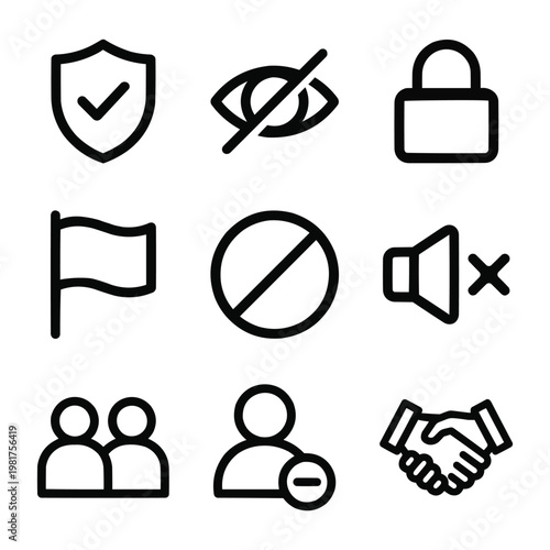 Professional Privacy Protection and User Management Line Icon Set - Digital Security, Content Moderation, and Secure Communication Vector Illustration