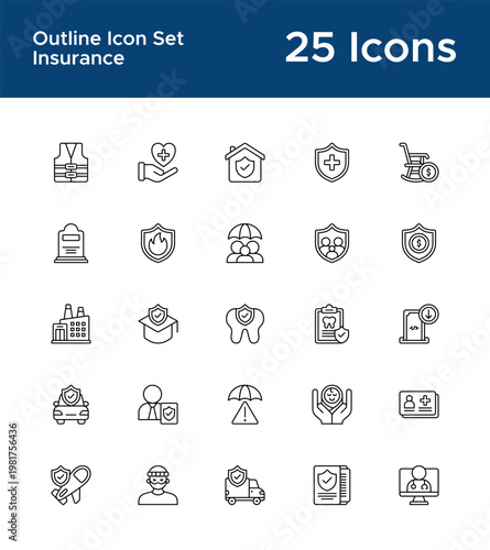 Insurance and protection outline icon set for financial security UI. Coverage plan and risk protection line icons