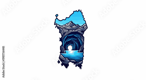 Island shaped graphic with mountains, cave, and water